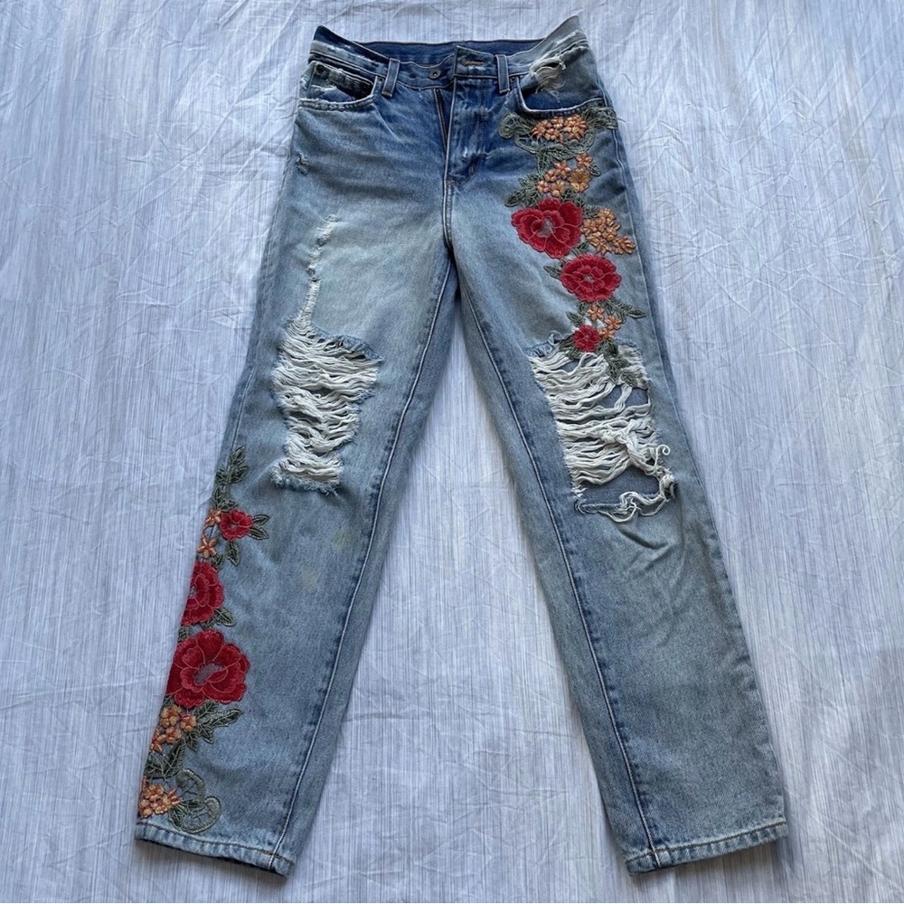 Carmar Light Blue Jeans with Red and Orange Floral Accents